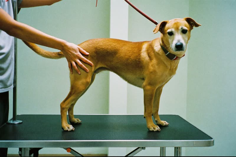 A dog standing calmly on a grooming table